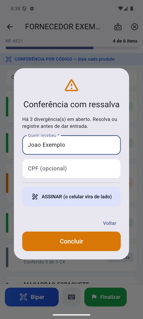 Finalização da conferência com nome, CPF e assinatura