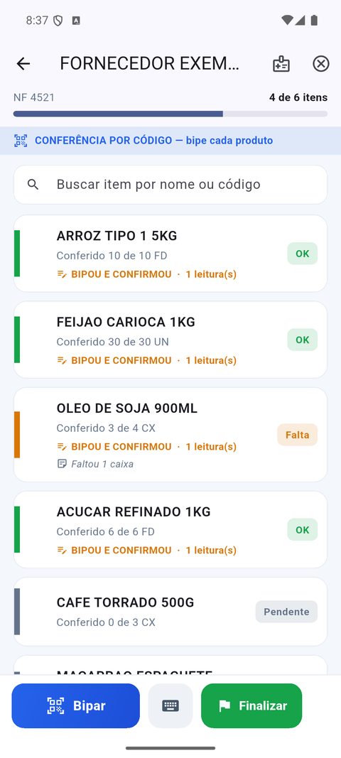 Tela de conferência: itens da nota com status conferido, falta e pendente