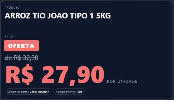 Tela do terminal com o produto consultado: nome, selo de oferta, preço anterior riscado e preço em destaque